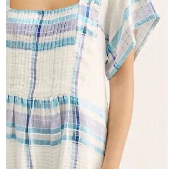 Free People Mini Dress White Blue Metallic Plaid S - Picture 5 of 13